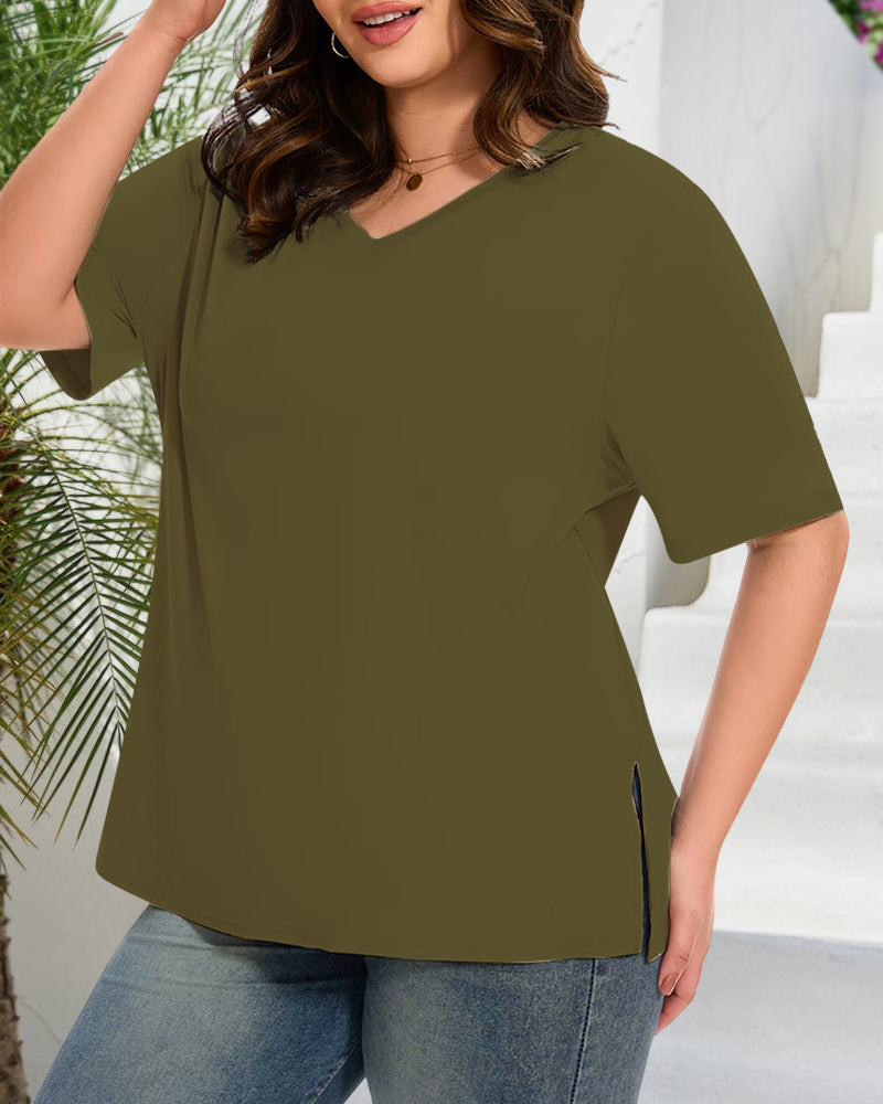 Longer Sleeve Plus Size V-Neck T-Shirt — Covers Your Arms & Hides Your Belly