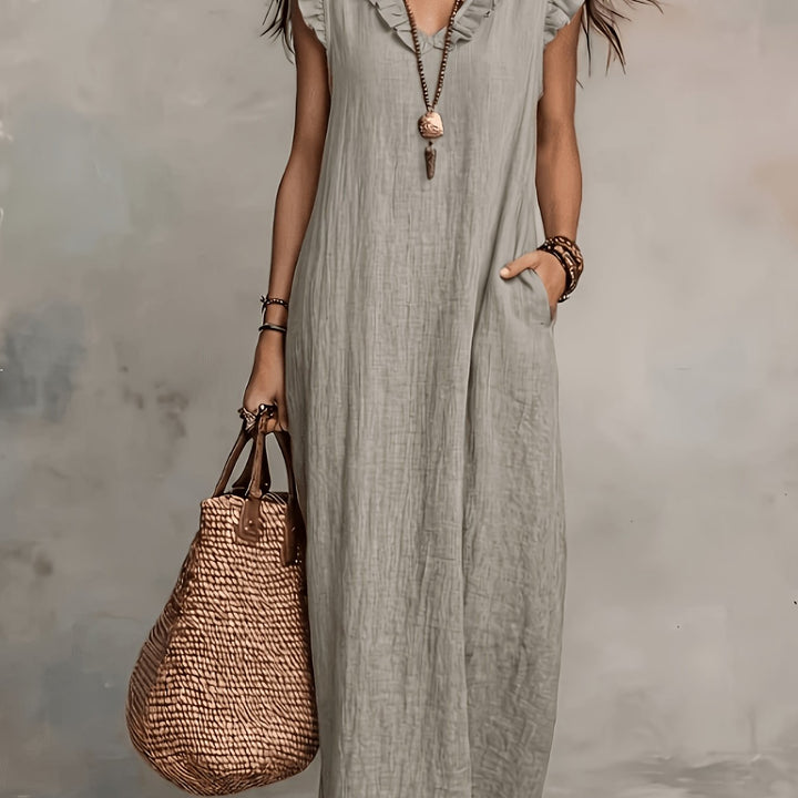 Women's V-Neck Ruffle Sleeveless Maxi Dress