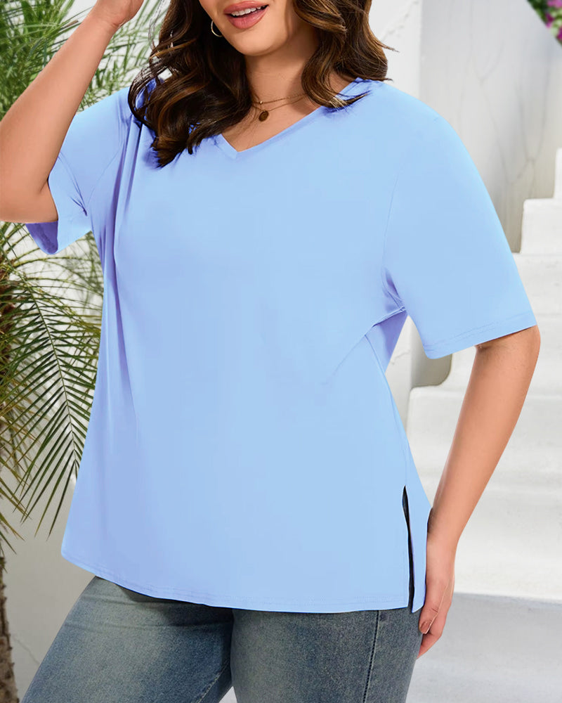 Longer Sleeve Plus Size V-Neck T-Shirt — Covers Your Arms & Hides Your Belly