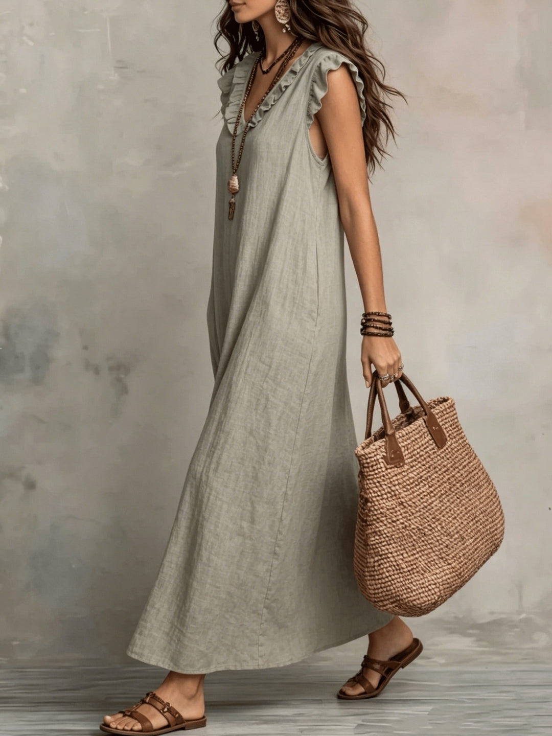 Women's V-Neck Ruffle Sleeveless Maxi Dress