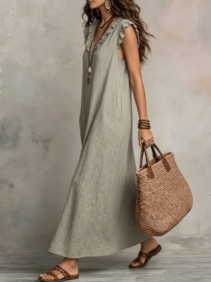Women's V-Neck Ruffle Sleeveless Maxi Dress