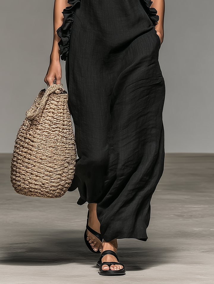 Women's Linen Maxi Ruffle Dress