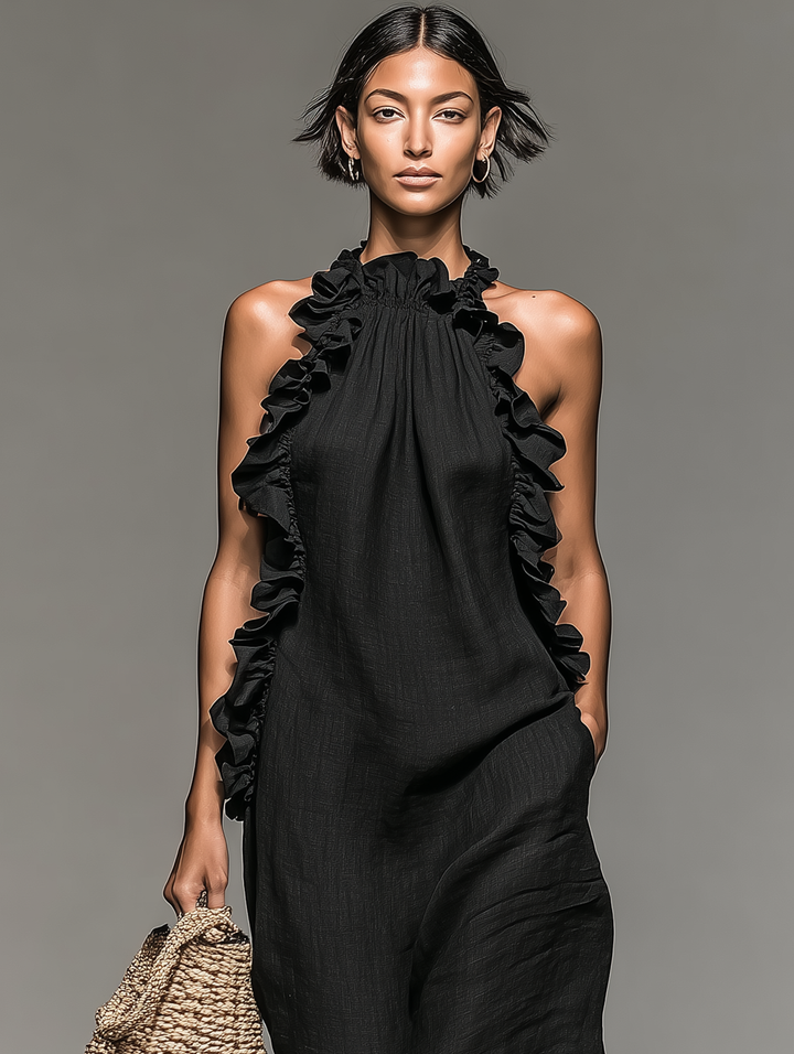 Women's Linen Maxi Ruffle Dress