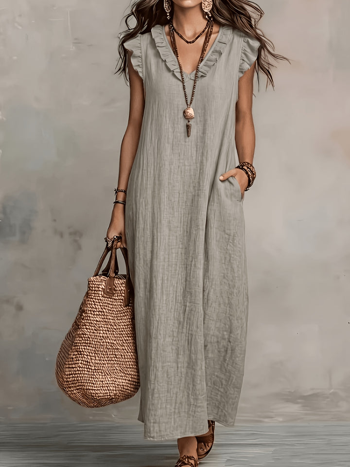 Women's V-Neck Ruffle Sleeveless Maxi Dress