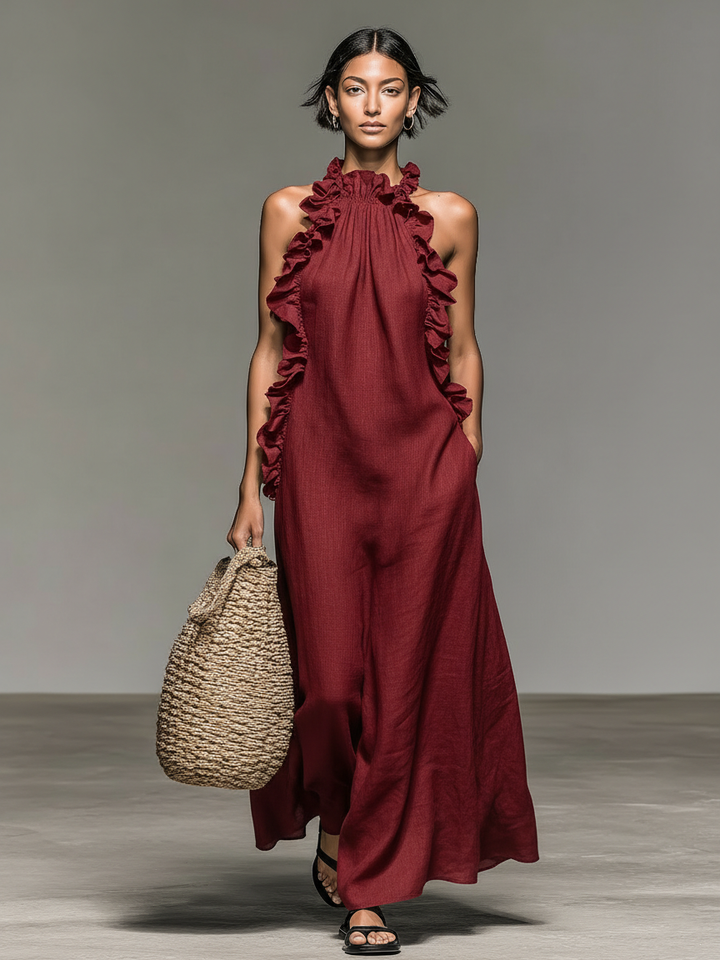 Women's Linen Maxi Ruffle Dress