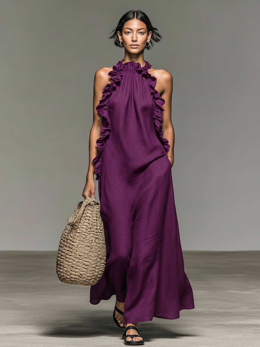 Women's Linen Maxi Ruffle Dress
