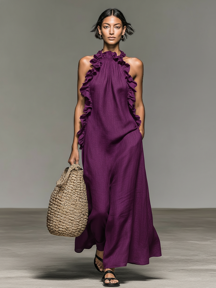 Women's Linen Maxi Ruffle Dress