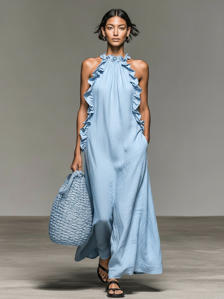 Women's Linen Maxi Ruffle Dress