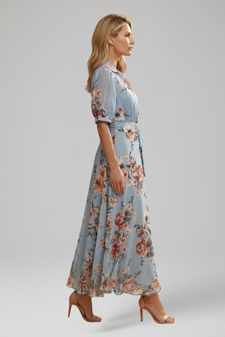Women’s Midi Dress with V-Neck and Floral Pattern