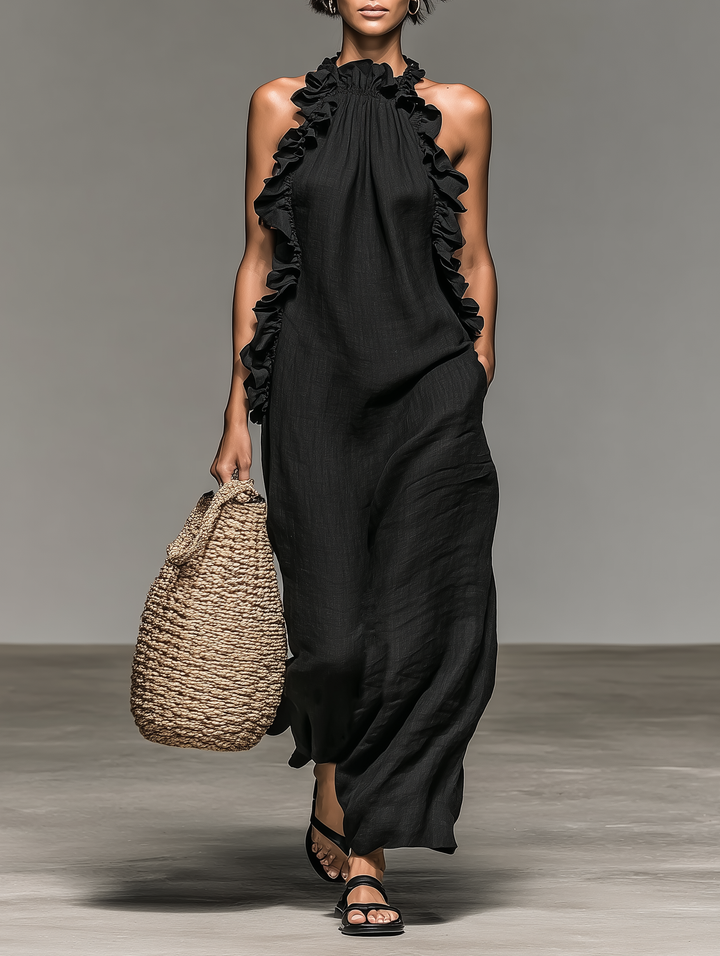 Women's Linen Maxi Ruffle Dress