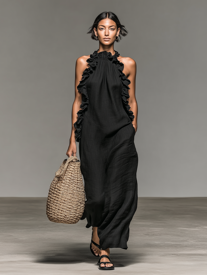 Women's Linen Maxi Ruffle Dress